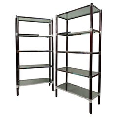 A Pair of 1970s Shelves / étagère in Chromed Metal, Solid Wood and Smoked Glass 