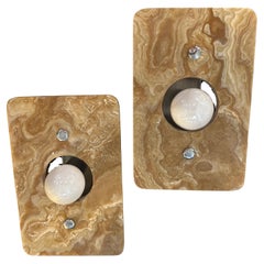 A Pair of 1970s Space Age Green and Brown Onyx Marble Italian Wall Sconces
