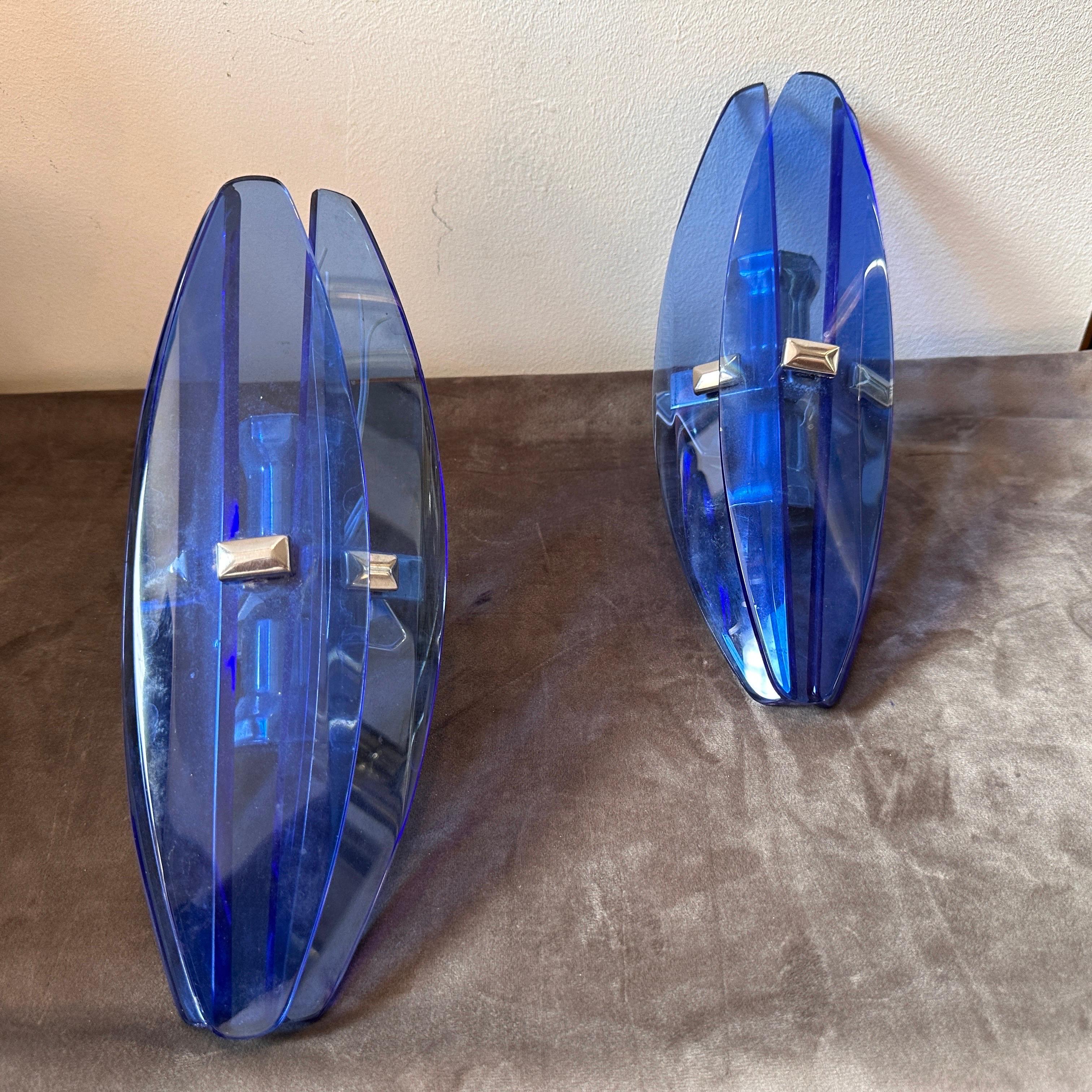 A Pair of 1970s Space Age Heavy Blue Glass Italian Wall Sconces by Veca In Good Condition In Aci Castello, IT