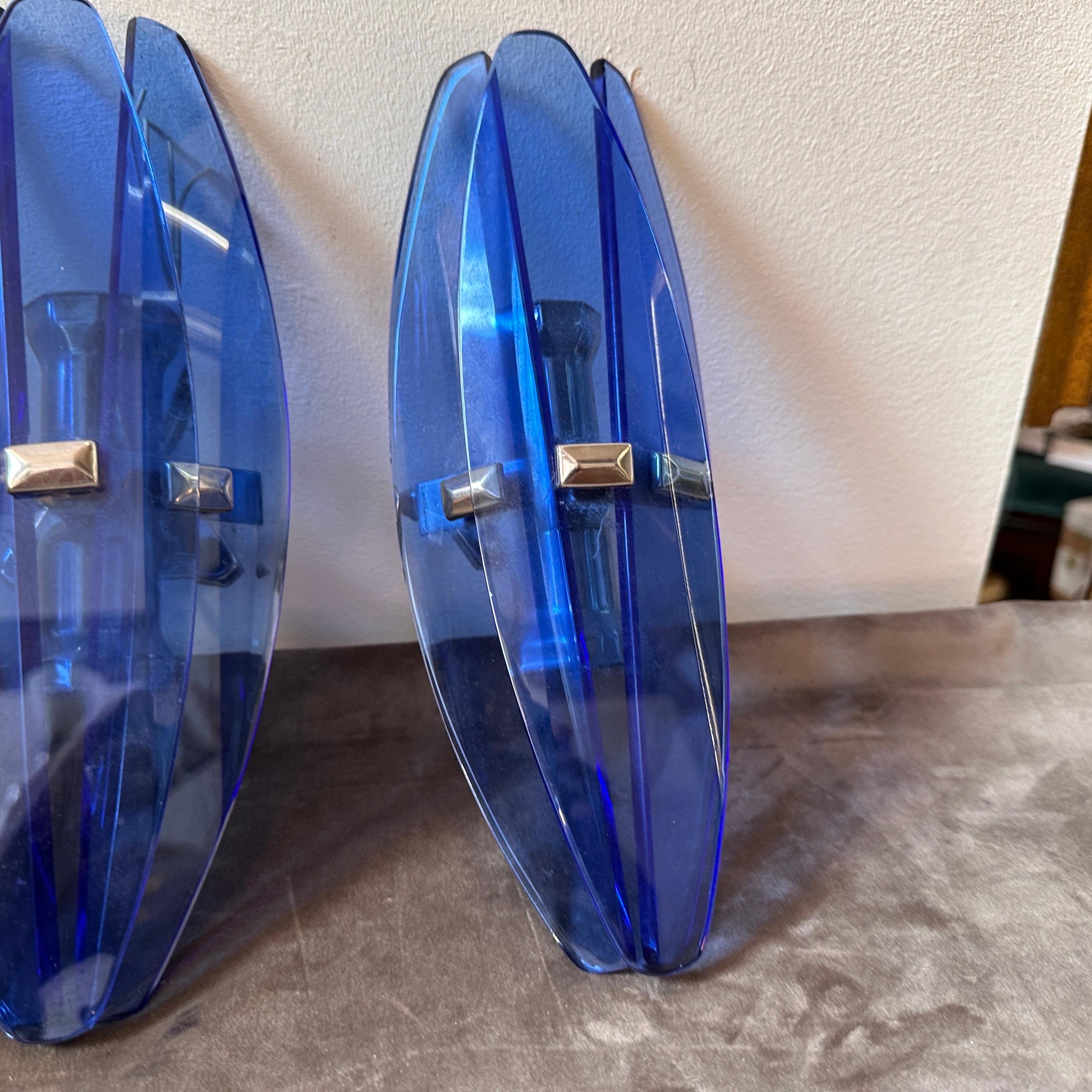 A Pair of 1970s Space Age Heavy Blue Glass Italian Wall Sconces by Veca 1