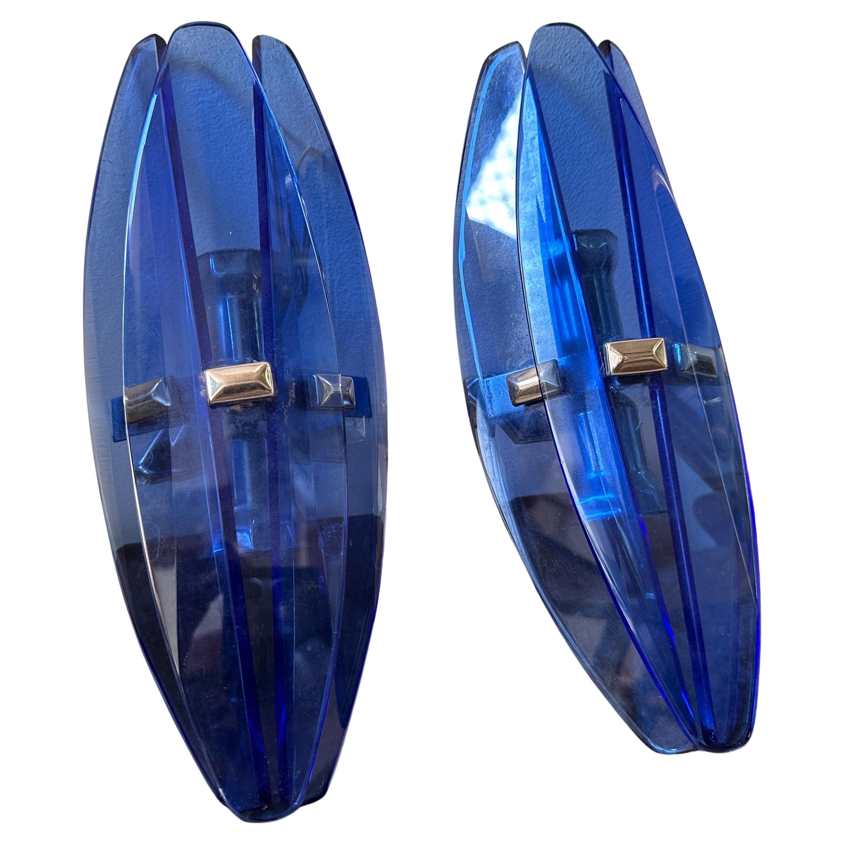 A Pair of 1970s Space Age Heavy Blue Glass Italian Wall Sconces by Veca