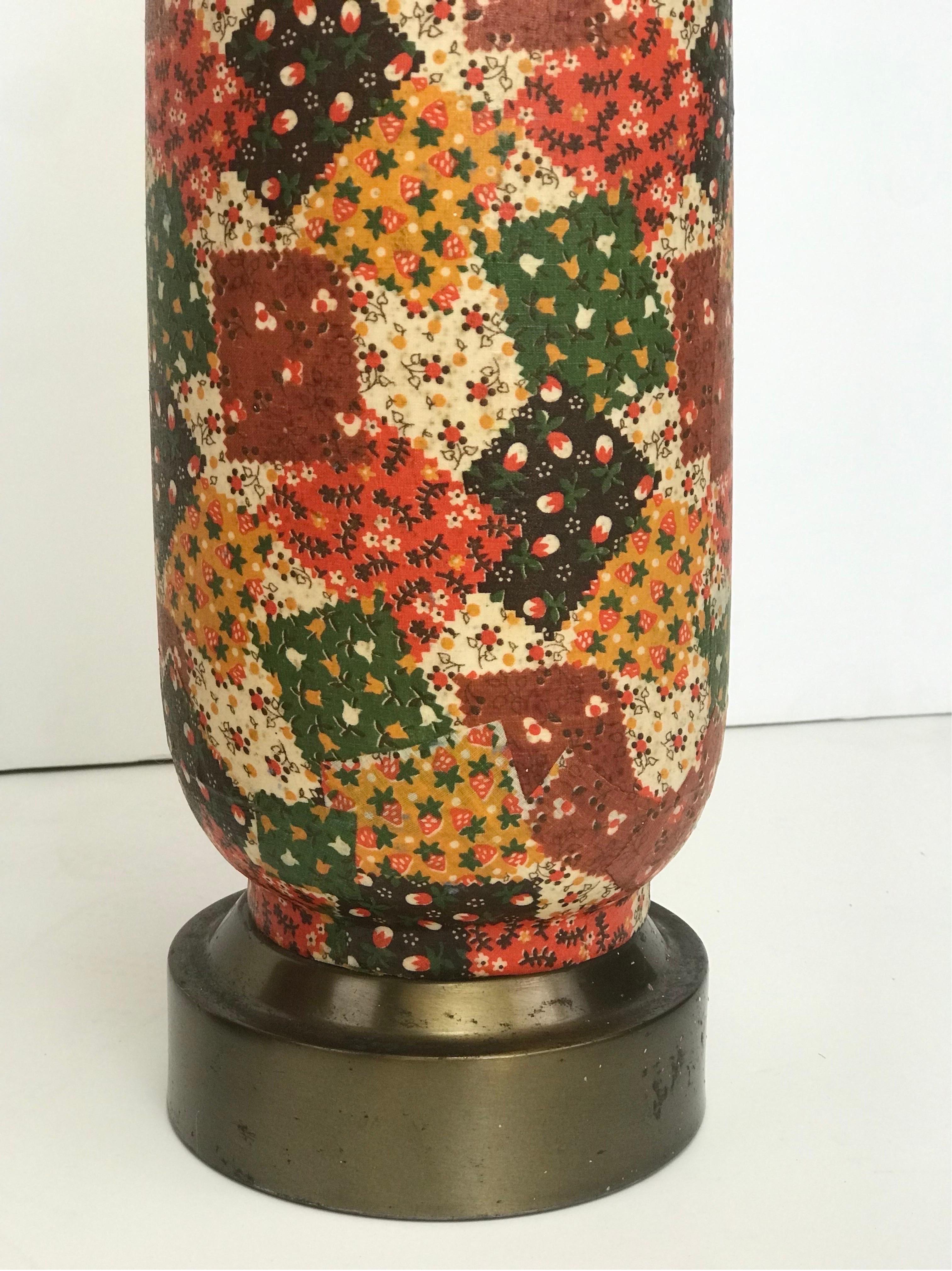 A Pair of 1970’s Spun Metal Table Lamps in a Printed Patchwork Theme Finish  For Sale 6