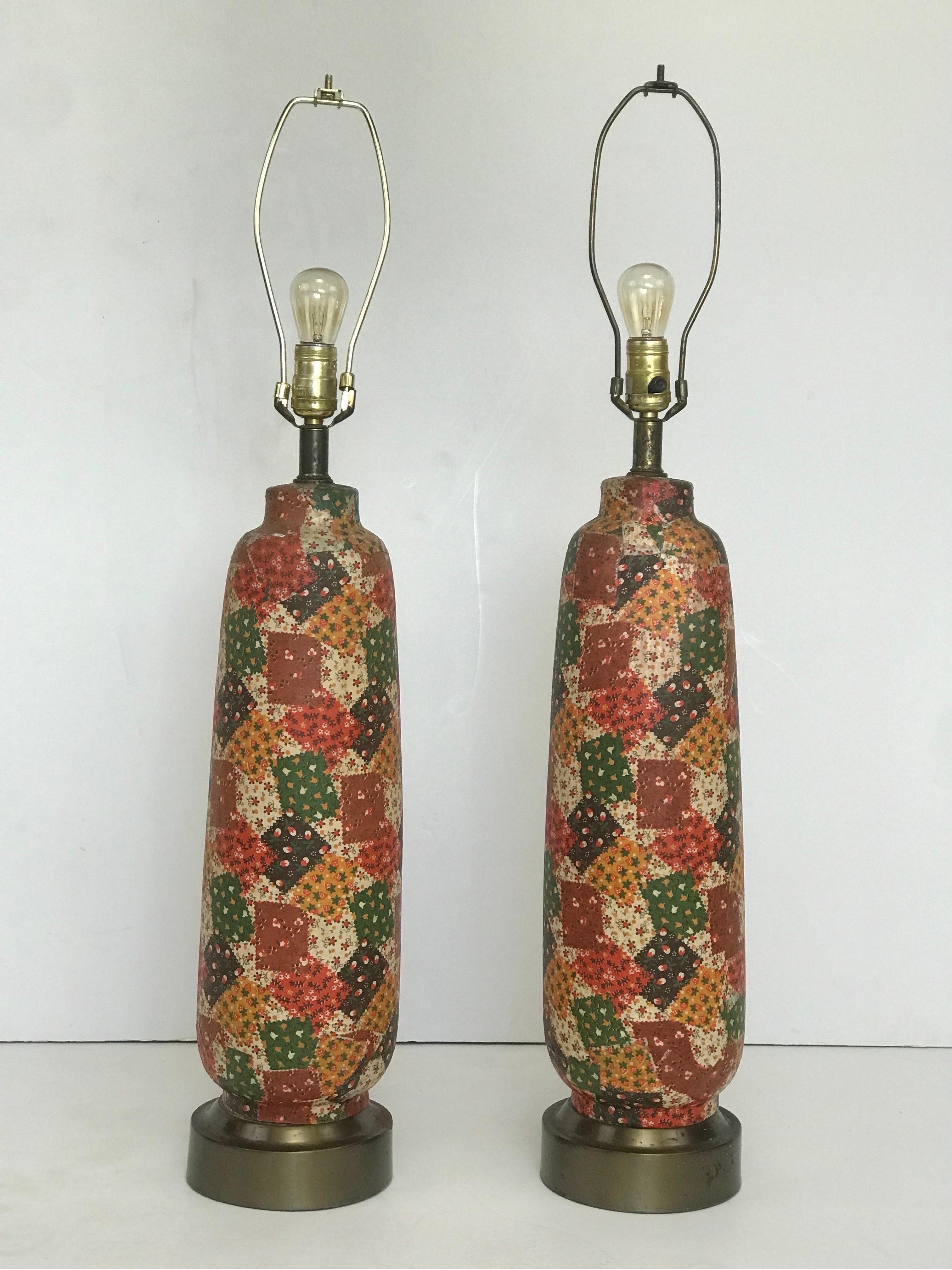 A Pair of 1970’s Spun Metal Table Lamps in a Printed Patchwork Theme Finish  For Sale 7