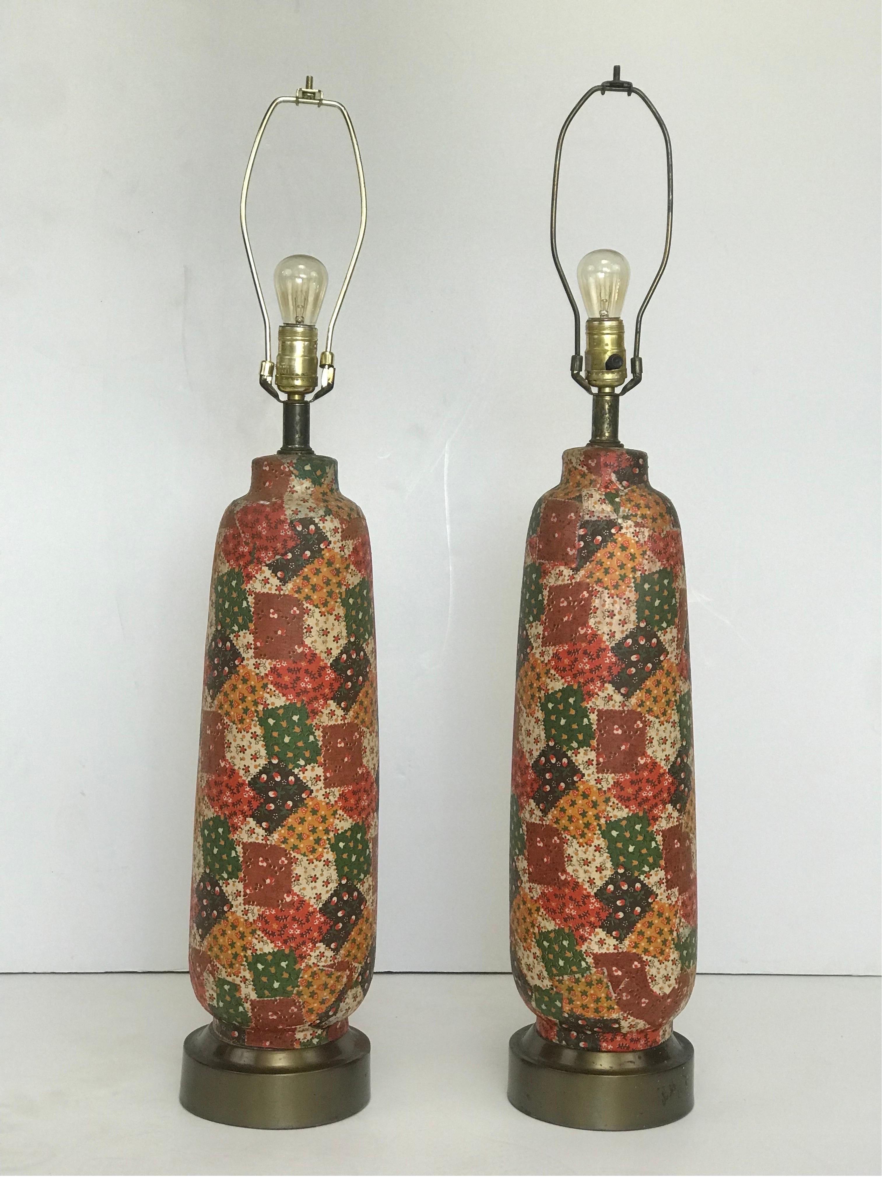 A Pair of 1970’s Spun Metal Table Lamps in a Printed Patchwork Theme Finish  For Sale 8