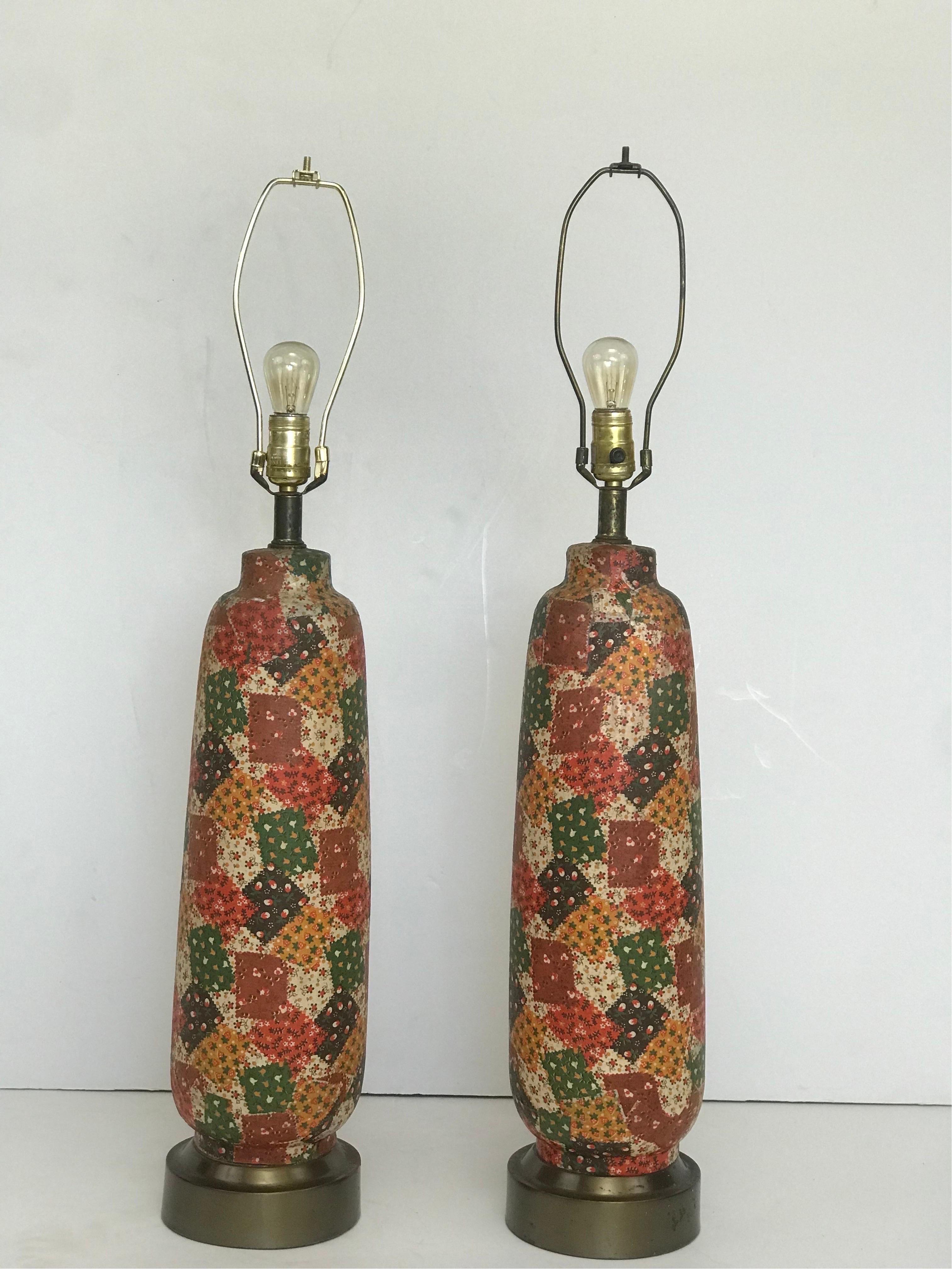 Mid-Century Modern A Pair of 1970’s Spun Metal Table Lamps in a Printed Patchwork Theme Finish  For Sale