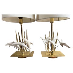 A Pair of 1970's Table Lamps Decorated with Dolpins & Birds