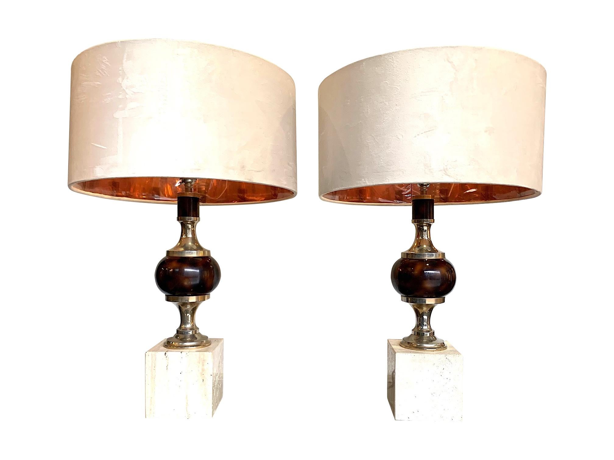 Pair of 1970s Travertine and Chrome Lamps in the Style of Maison Barbier 5