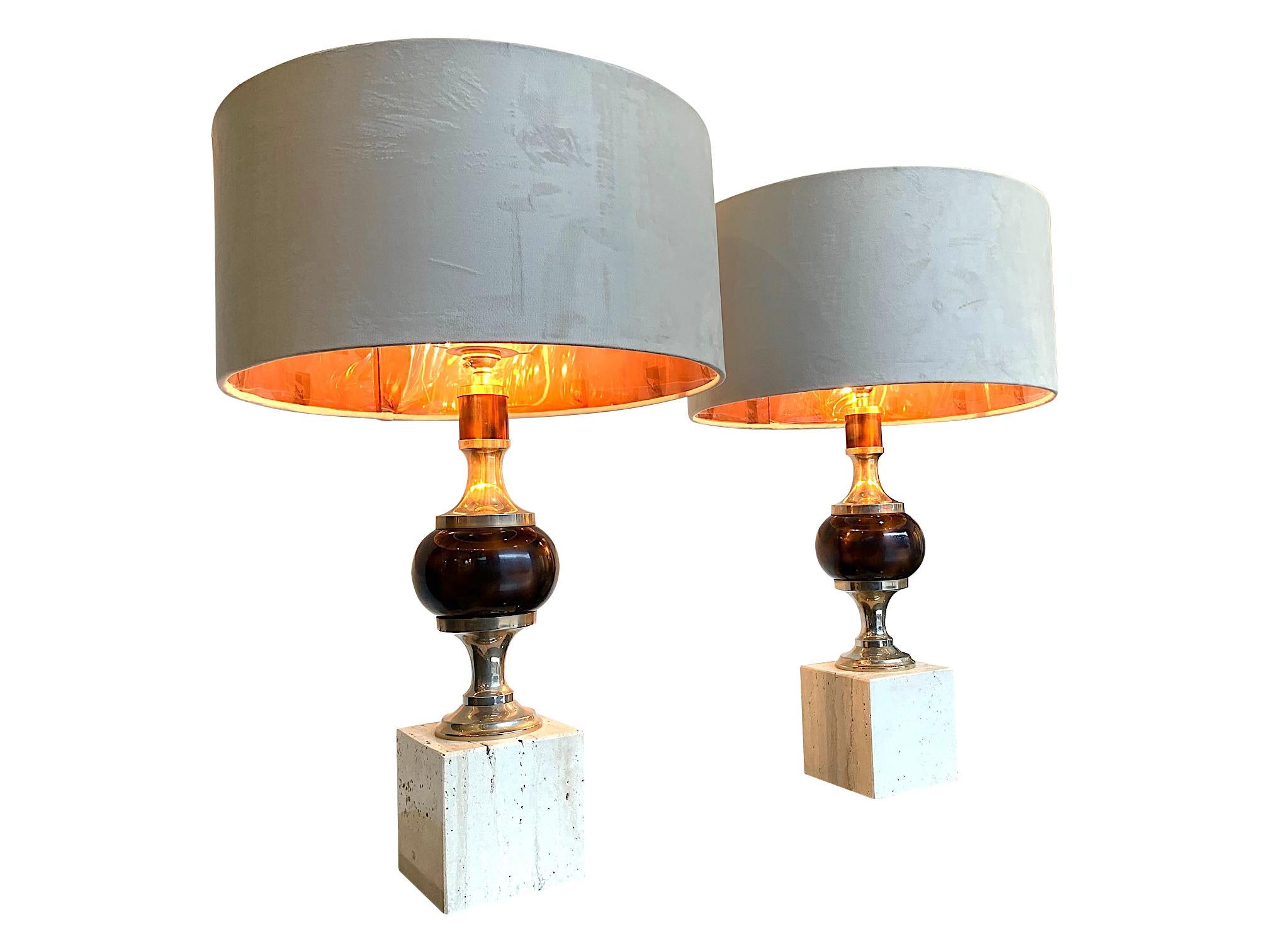 Pair of 1970s Travertine and Chrome Lamps in the Style of Maison Barbier 6