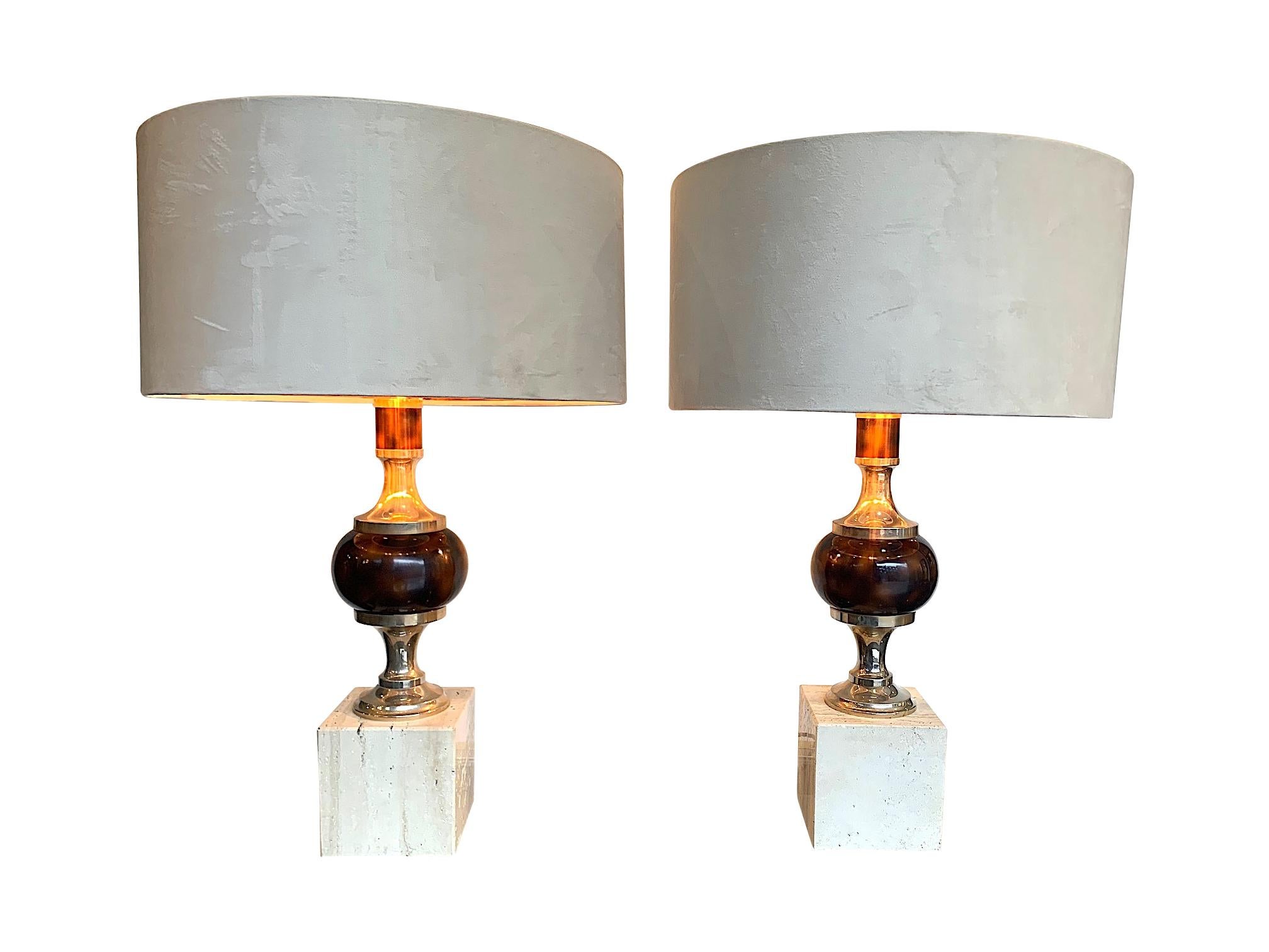 Mid-Century Modern Pair of 1970s Travertine and Chrome Lamps in the Style of Maison Barbier
