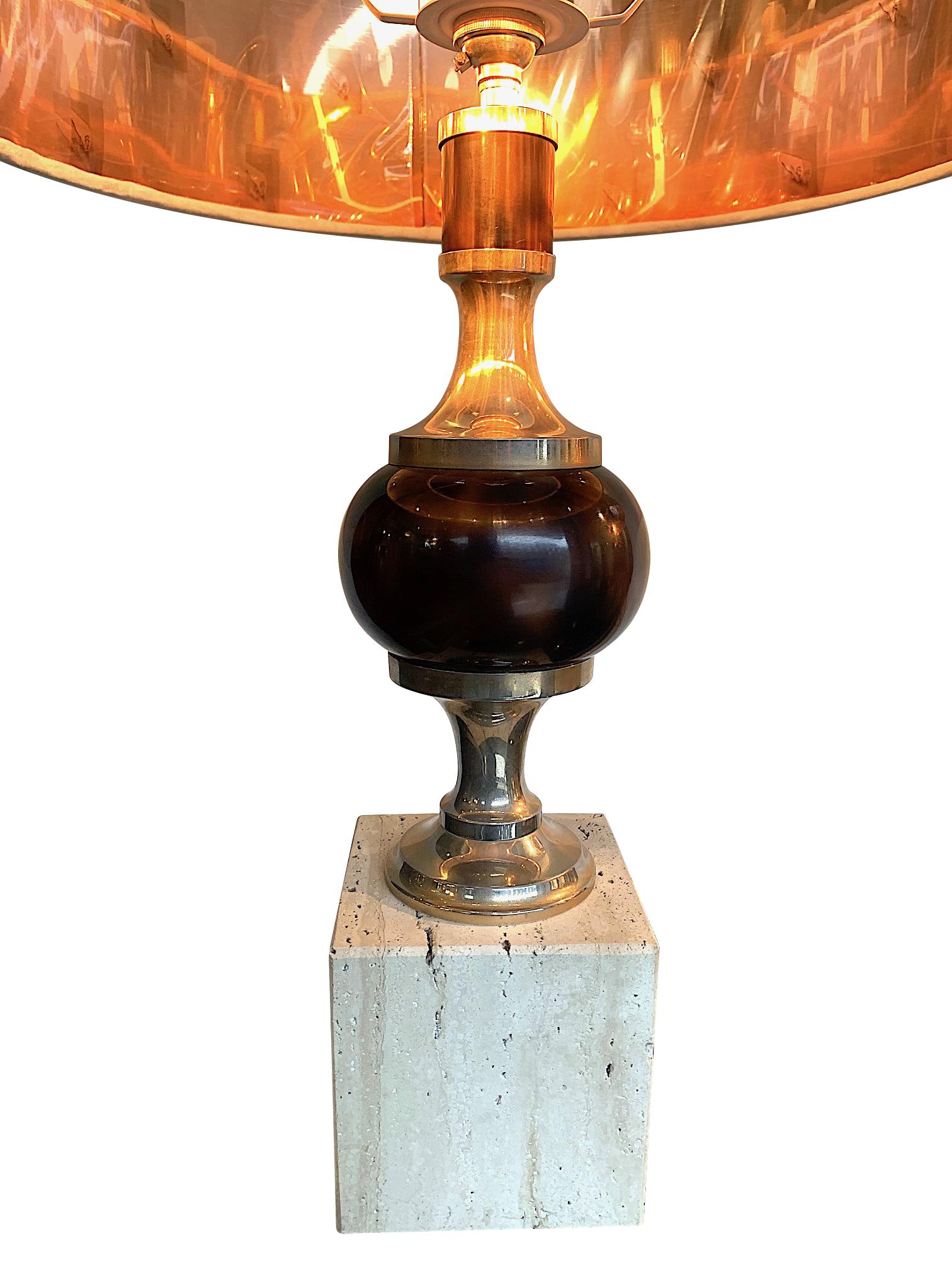 French Pair of 1970s Travertine and Chrome Lamps in the Style of Maison Barbier