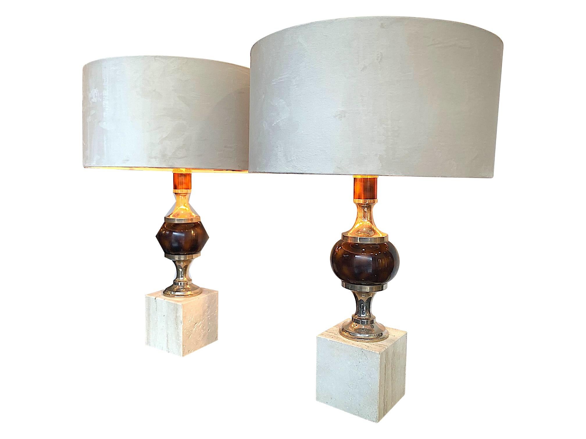 Pair of 1970s Travertine and Chrome Lamps in the Style of Maison Barbier In Good Condition In London, GB