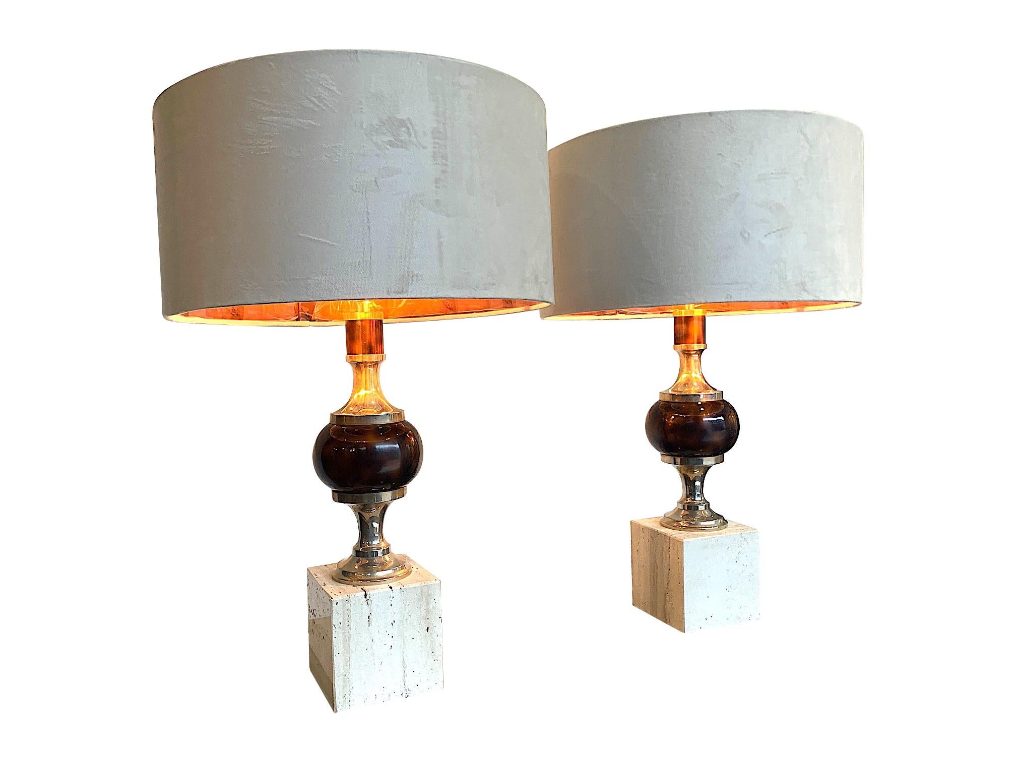 Late 20th Century Pair of 1970s Travertine and Chrome Lamps in the Style of Maison Barbier