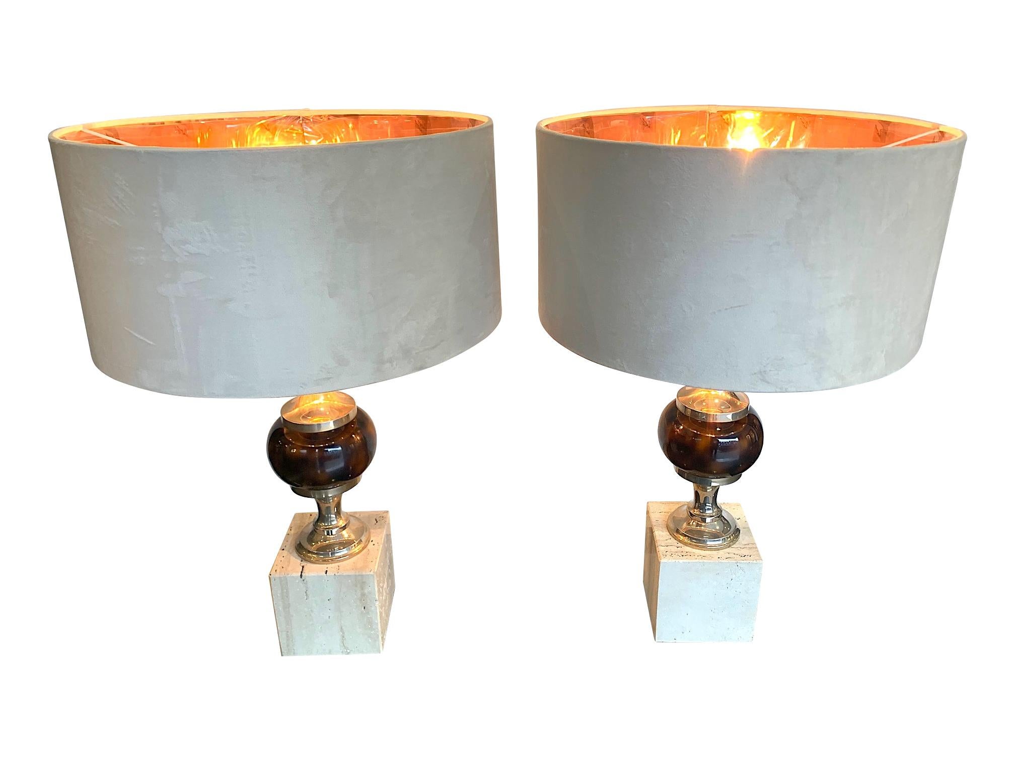 Pair of 1970s Travertine and Chrome Lamps in the Style of Maison Barbier 2
