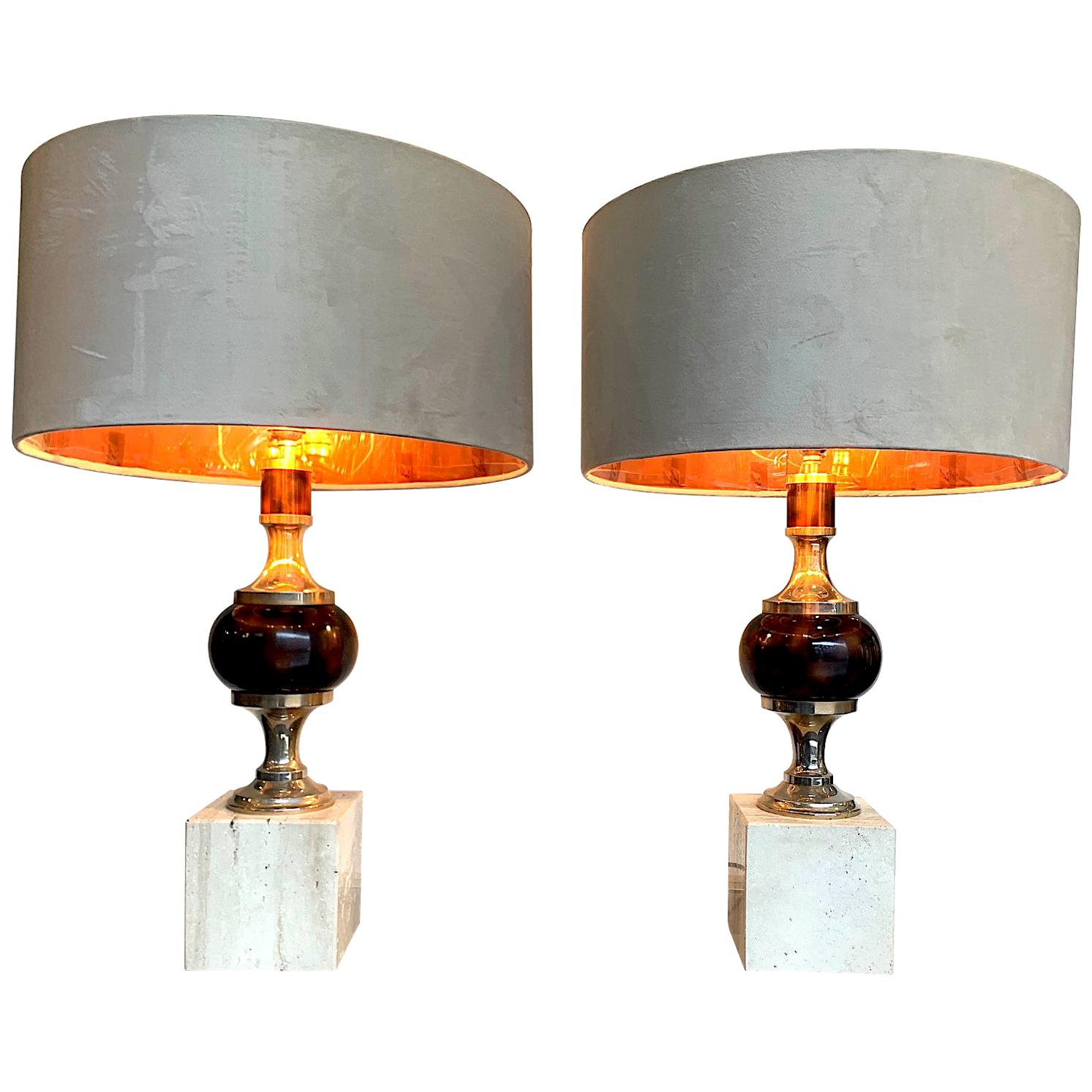Pair of 1970s Travertine and Chrome Lamps in the Style of Maison Barbier