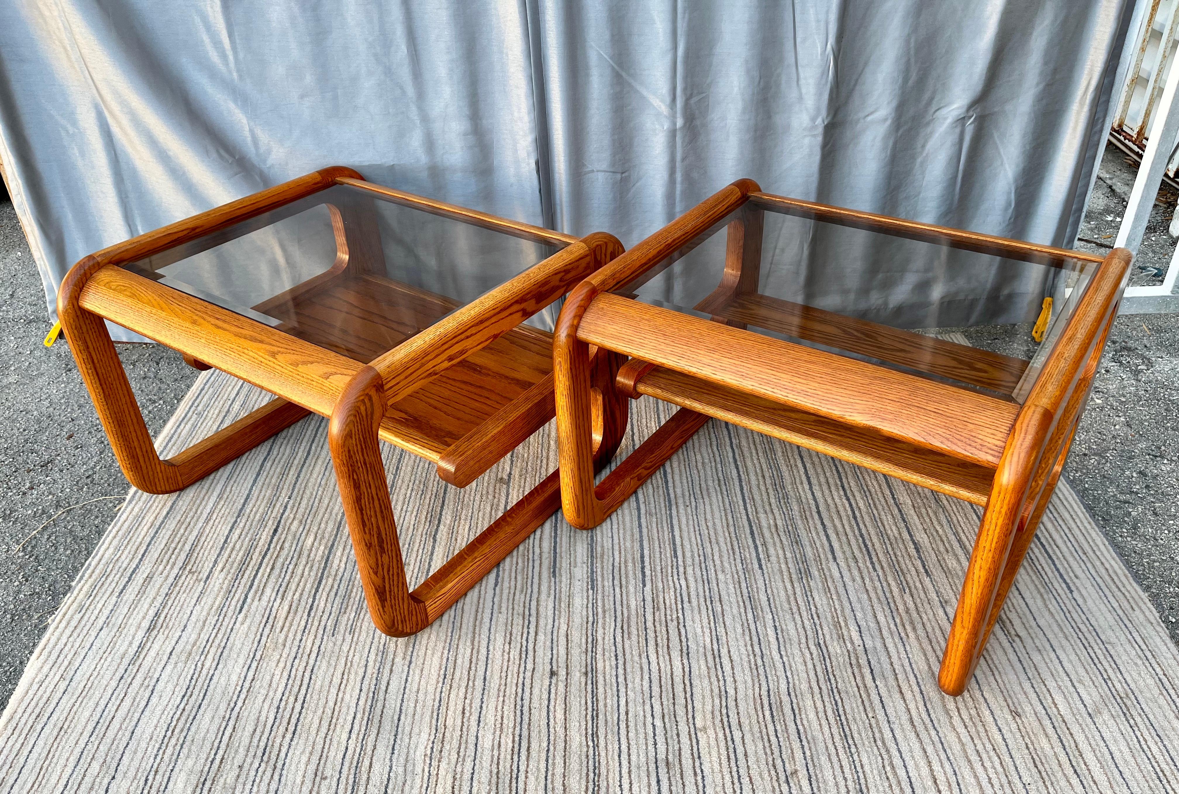 Mid-Century Modern Pair of 1970s Two-Tier Smoke Glass Top Side Tables in the Lou Hodges Style For Sale