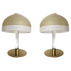 Pair of 1970s Venini Murano Glass Domed Lamps with Lucite Stem and Brass Base