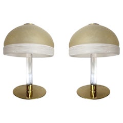 Pair of 1970s Venini Murano Glass Domed Lamps with Lucite Stem and Brass Base