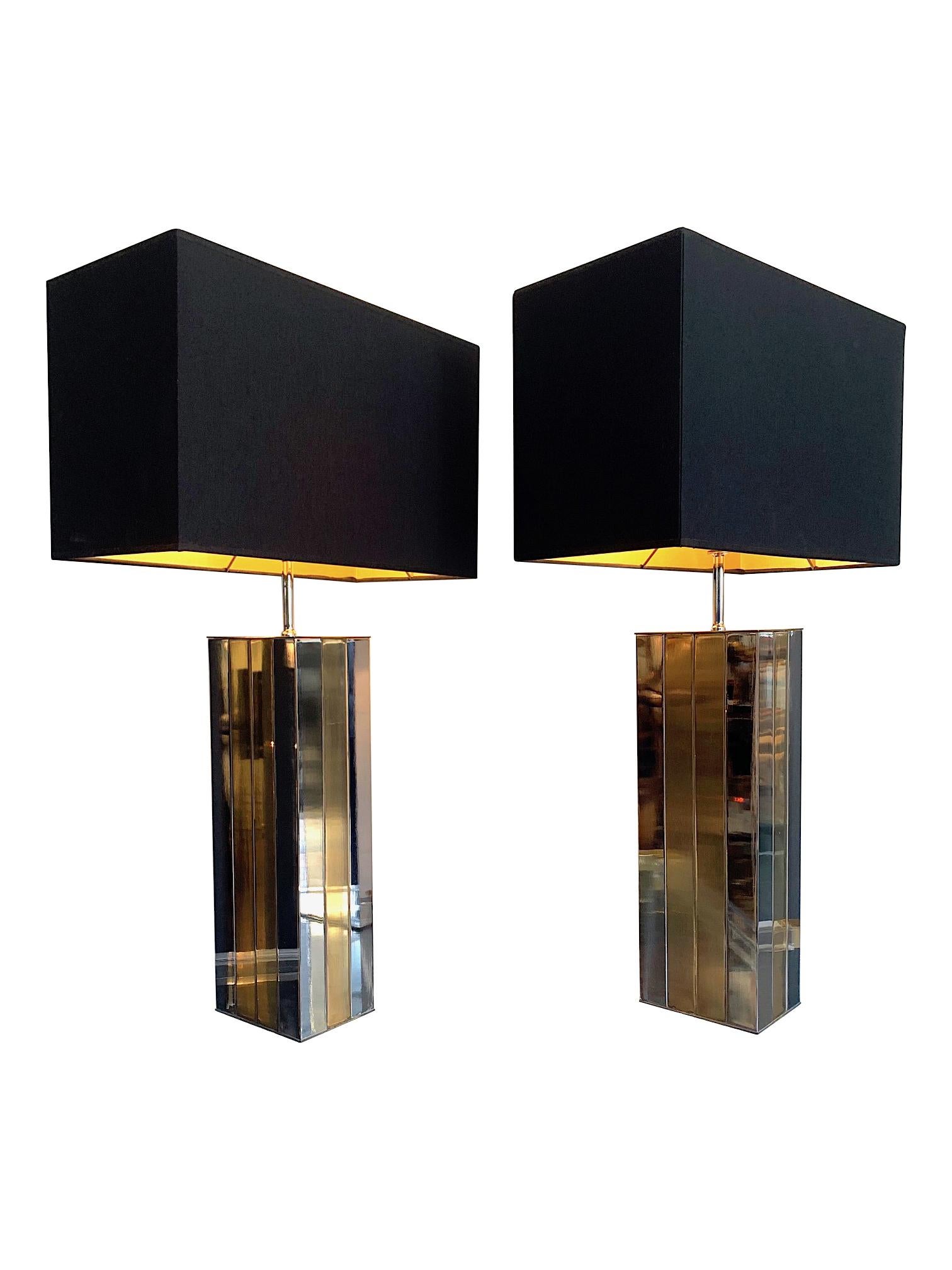 Pair of 1970s Willy Rizzo Brass and Chrome Lamps with New Bespoke Shades In Good Condition In London, GB