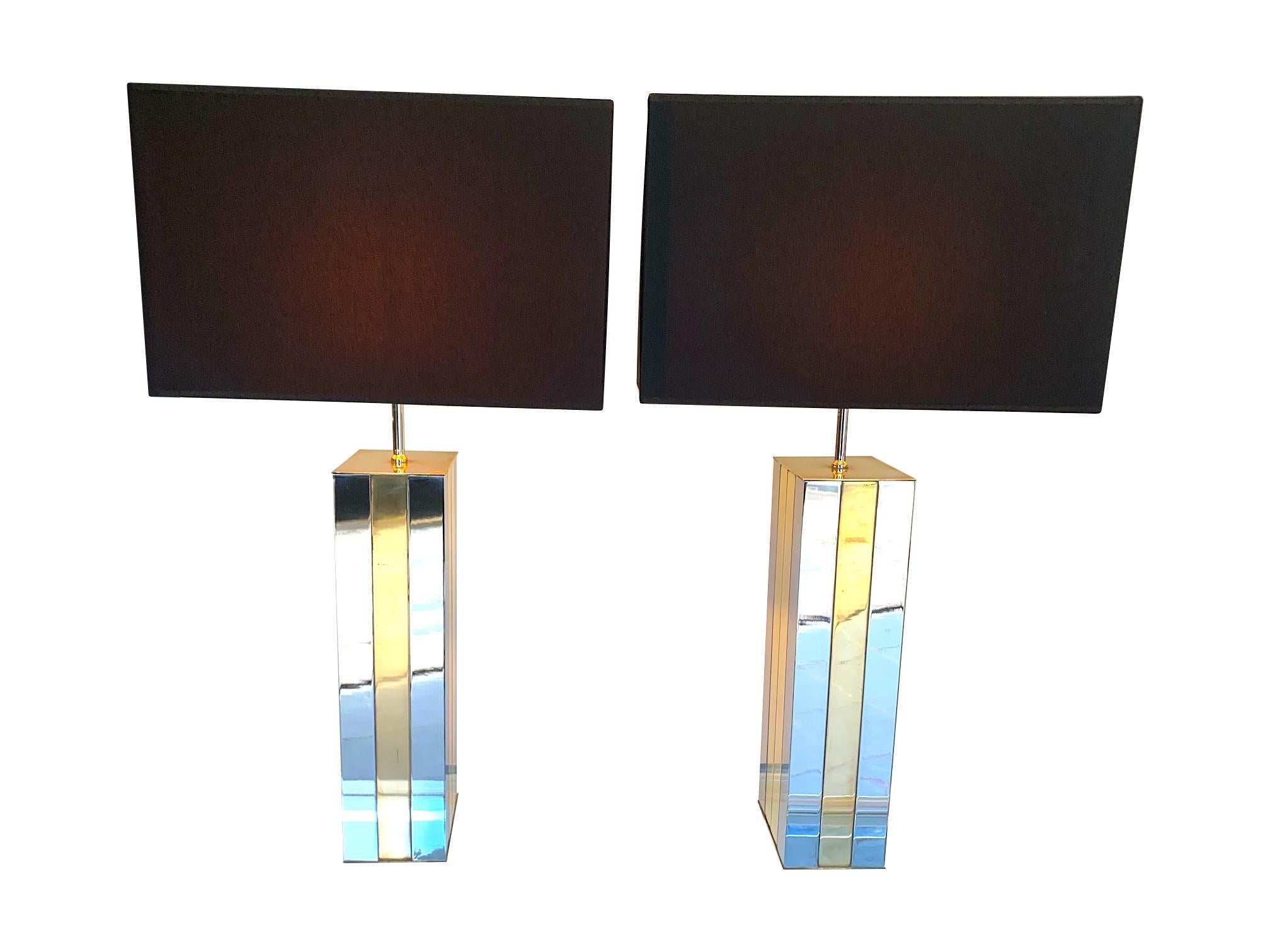 Pair of 1970s Willy Rizzo Brass and Chrome Lamps with New Bespoke Shades 3