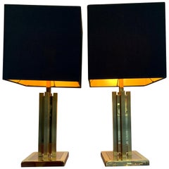 Pair of 1970s Willy Rizzo Stlye Brass Lamps with New Bespoke Shades