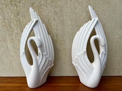 A Pair of 1980s Art Deco Revival Haeger Pottery Swan Sculptures.