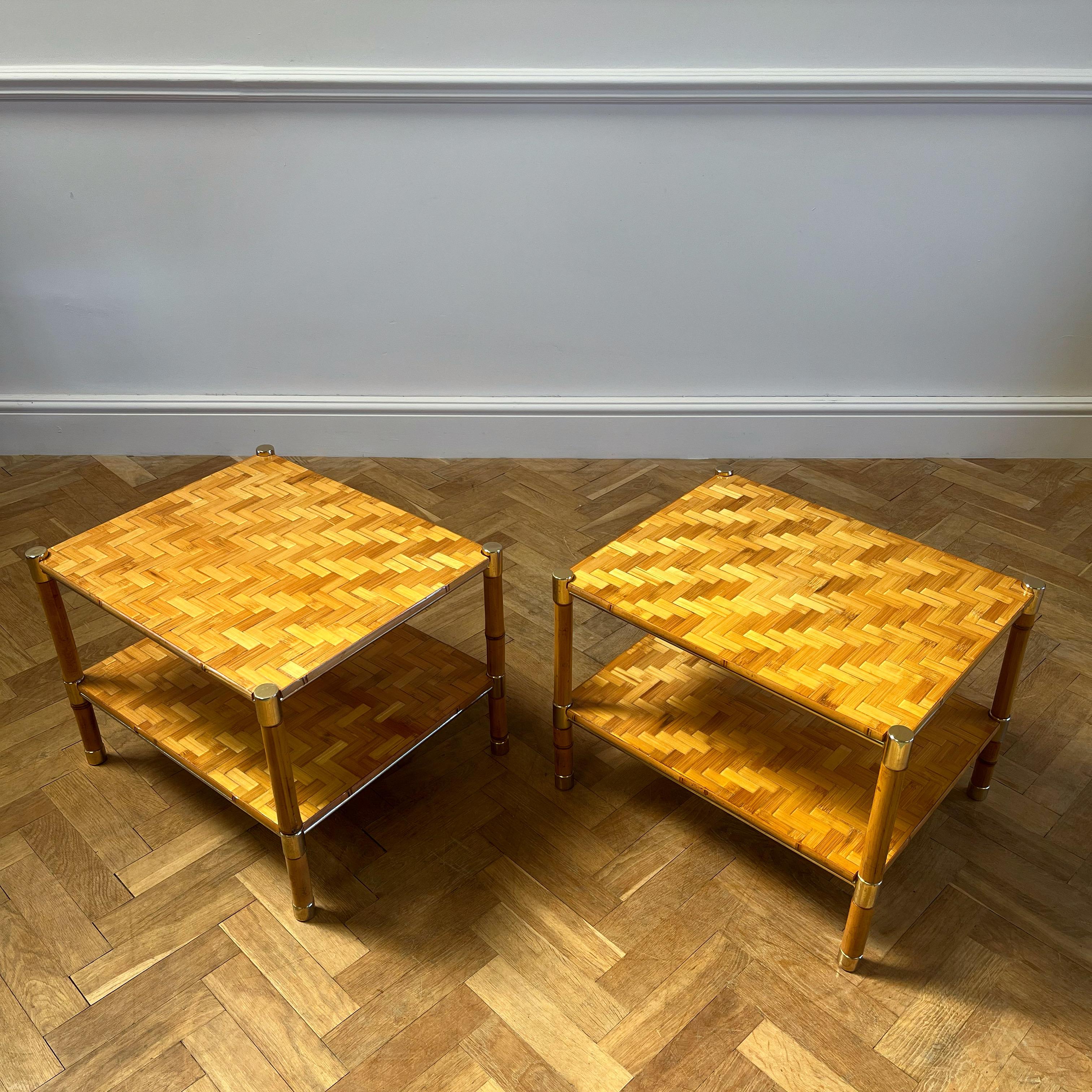 A chic pair of two tier etageres, bamboo uprights with brass detailing, the tops inlaid to imitate parquet. 

British or American, 1980s 

H 44 x W 58 x D 48 cms 

Inquire about this piece