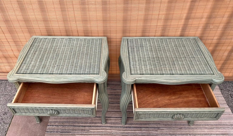 Painted Pair of 1980s Coastal Style Wicker Night Stands by Whitecraft Furniture For Sale