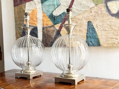 A Pair of 1980's Etched glass and Nickel Table Lamps