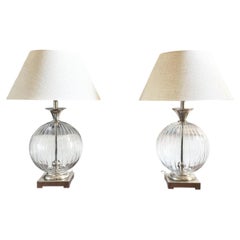 A Pair of 1980's Etched glass and Nickel Table Lamps