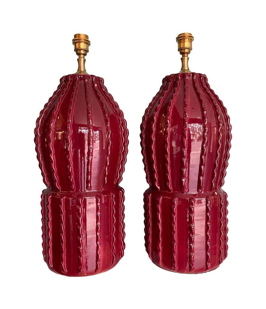Pair of 1980s Large Italian Ceramic and Brass Lamps in Deep Bordeaux Red 6