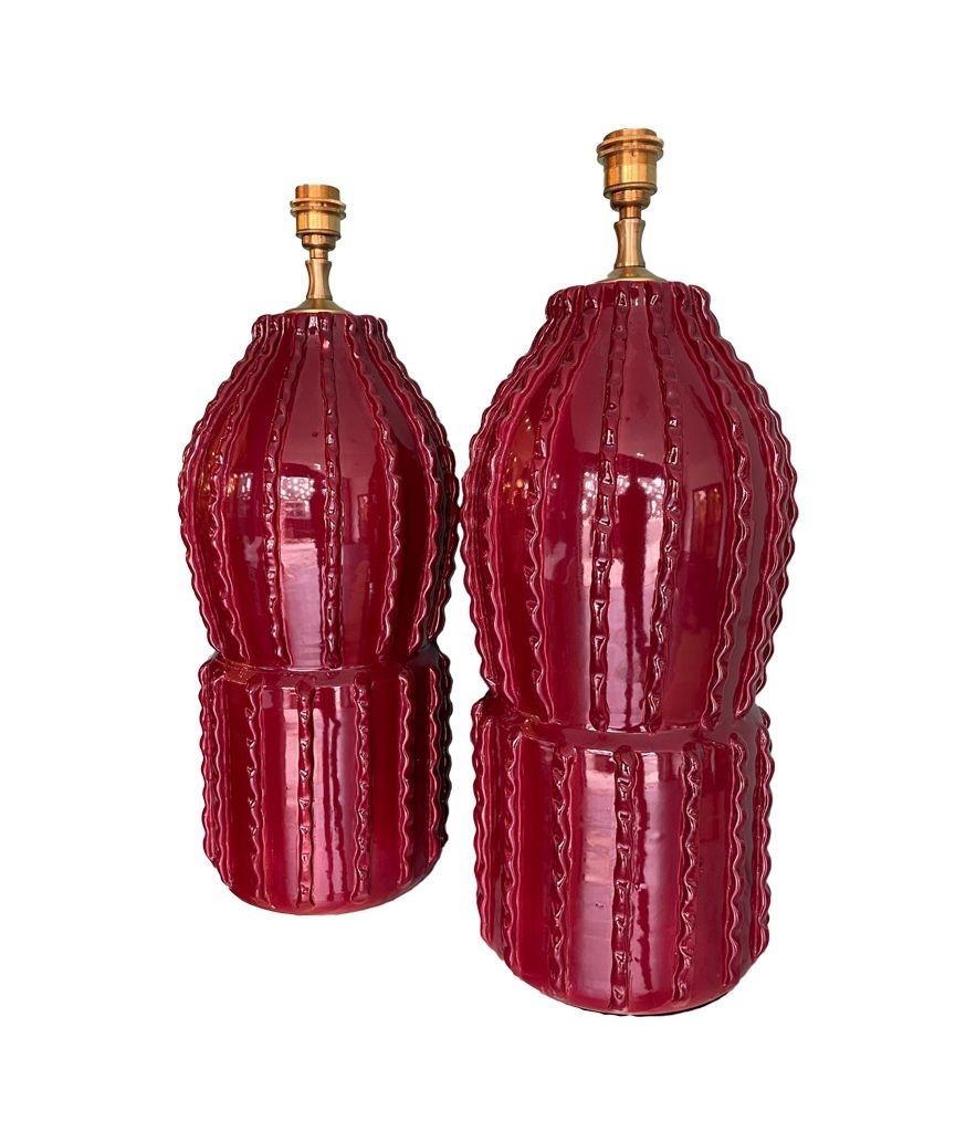 Pair of 1980s Large Italian Ceramic and Brass Lamps in Deep Bordeaux Red 8