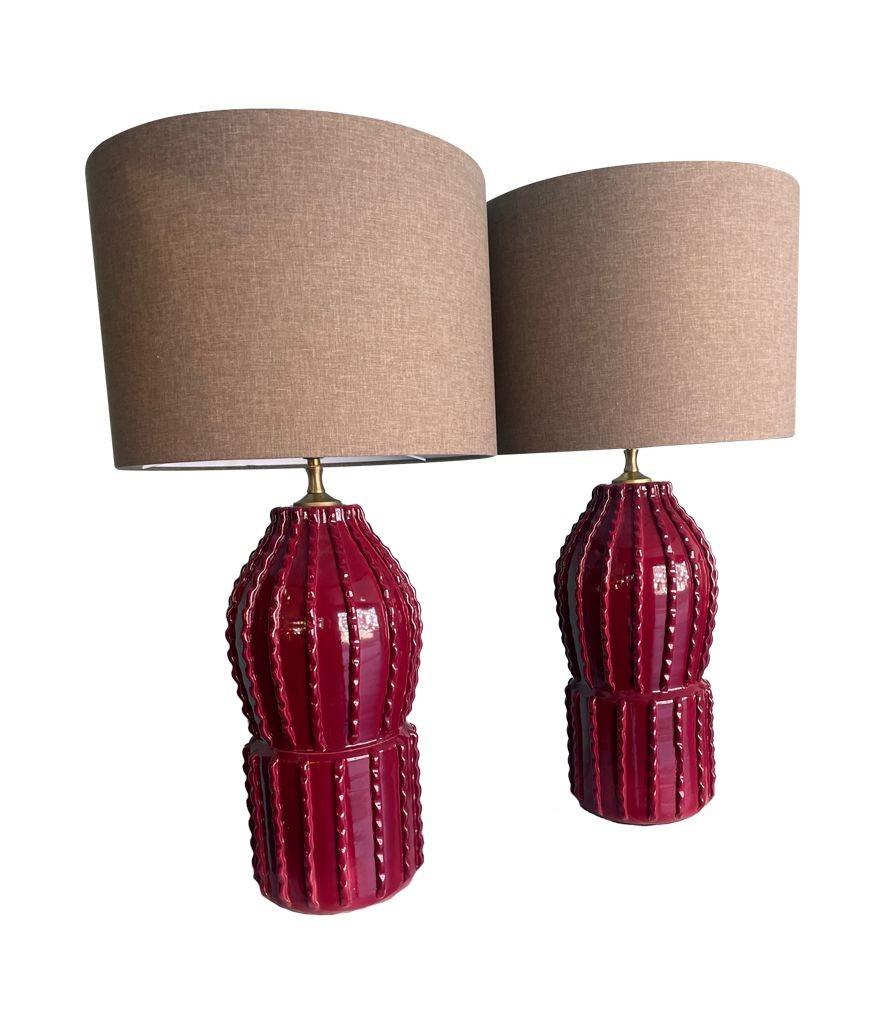 Pair of 1980s Large Italian Ceramic and Brass Lamps in Deep Bordeaux Red 10