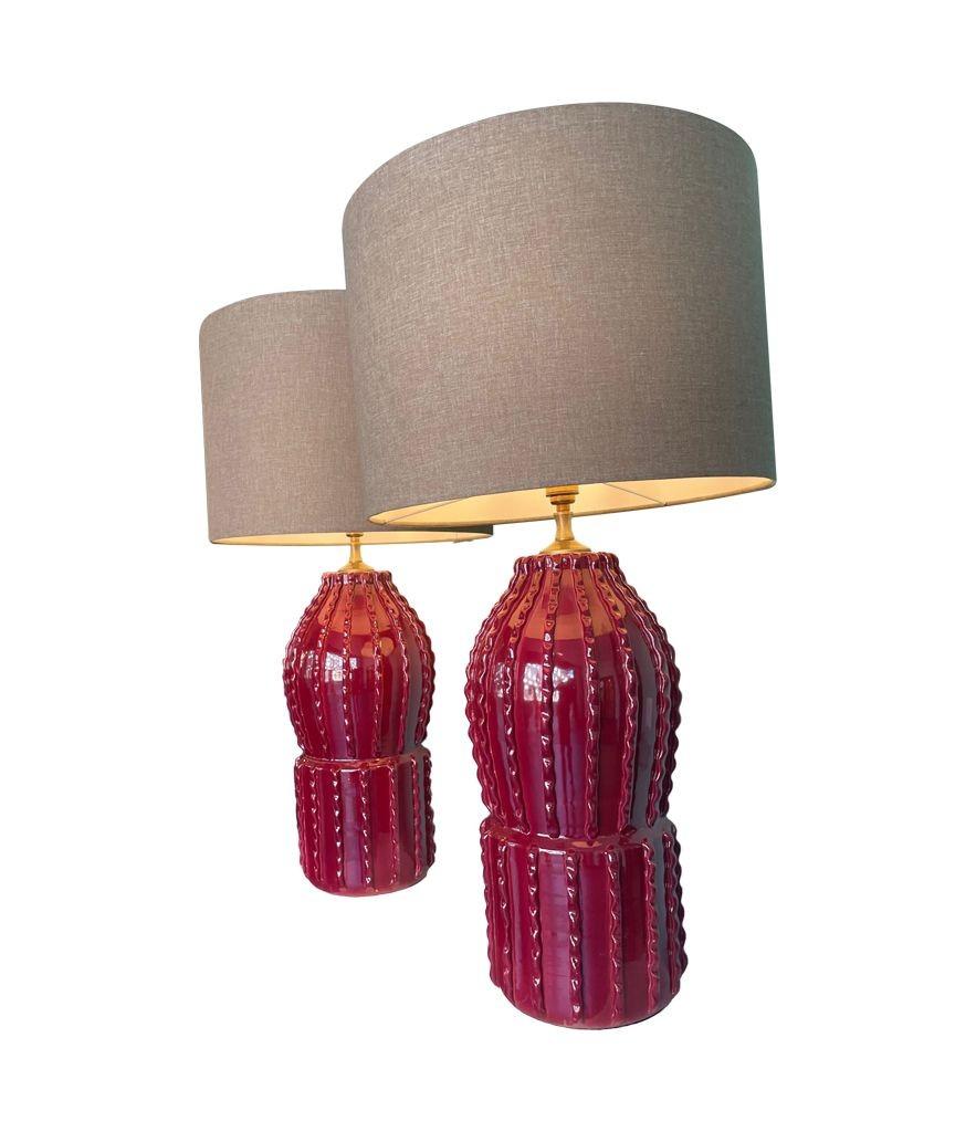 Pair of 1980s Large Italian Ceramic and Brass Lamps in Deep Bordeaux Red 11