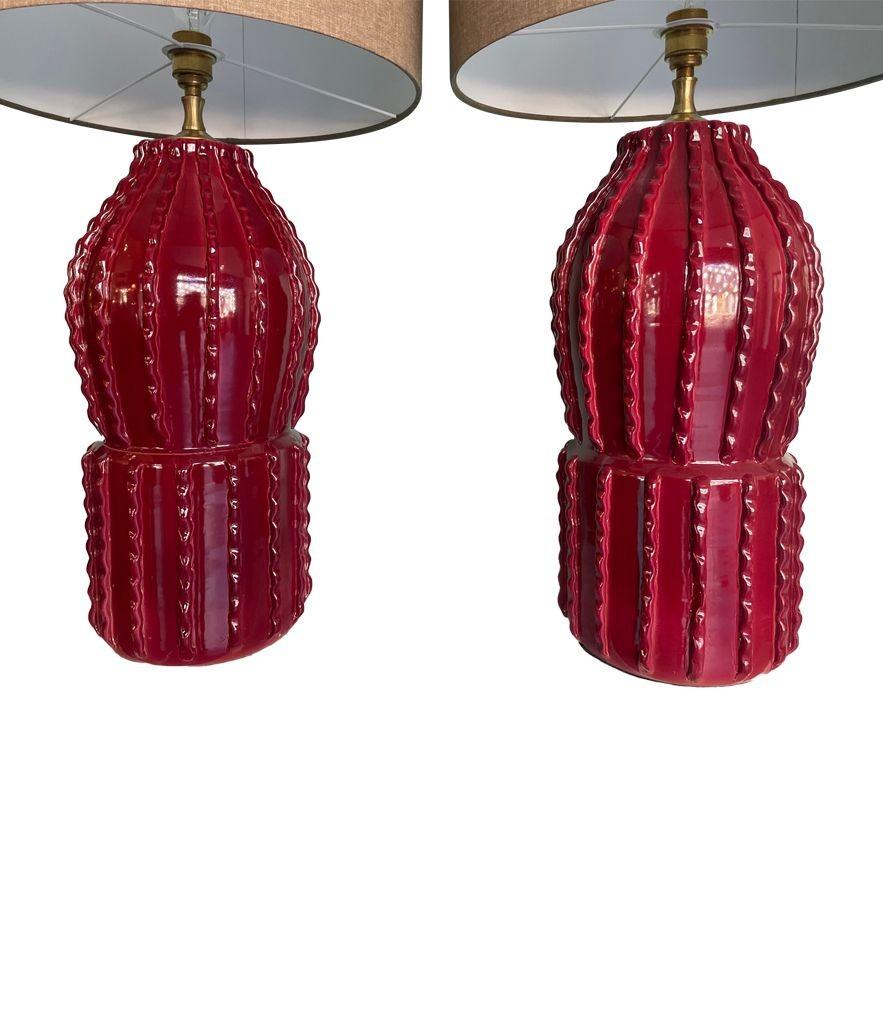 Pair of 1980s Large Italian Ceramic and Brass Lamps in Deep Bordeaux Red 13