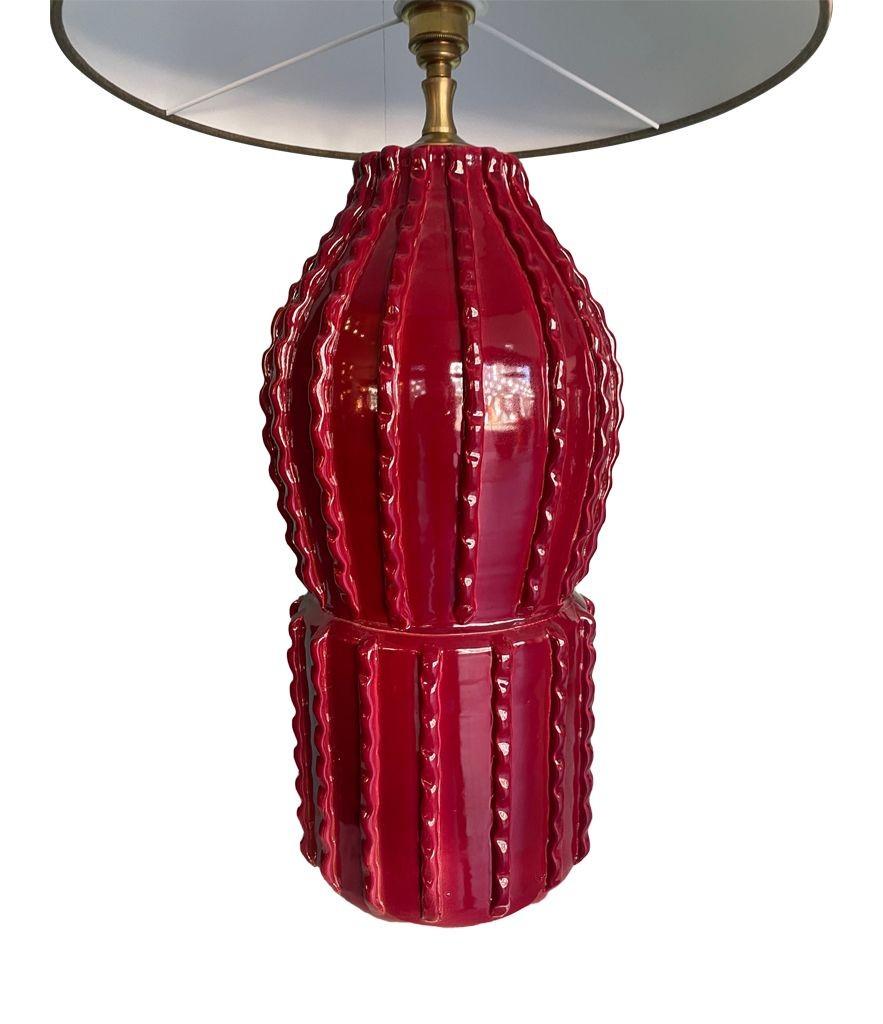 Pair of 1980s Large Italian Ceramic and Brass Lamps in Deep Bordeaux Red 15