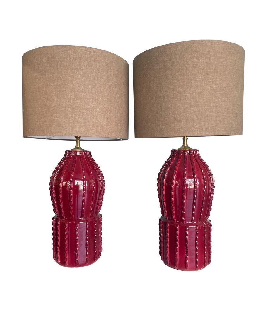 Pair of 1980s Large Italian Ceramic and Brass Lamps in Deep Bordeaux Red 16