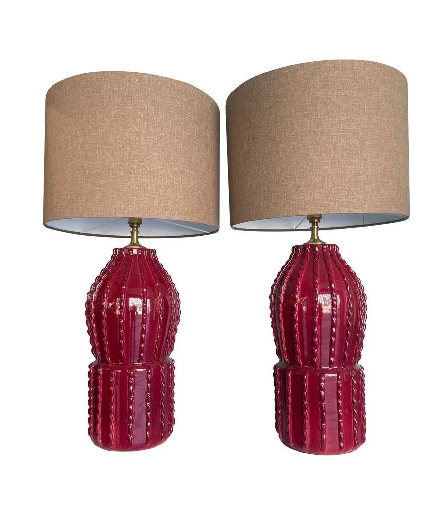 Pair of 1980s Large Italian Ceramic and Brass Lamps in Deep Bordeaux Red In Good Condition In London, GB