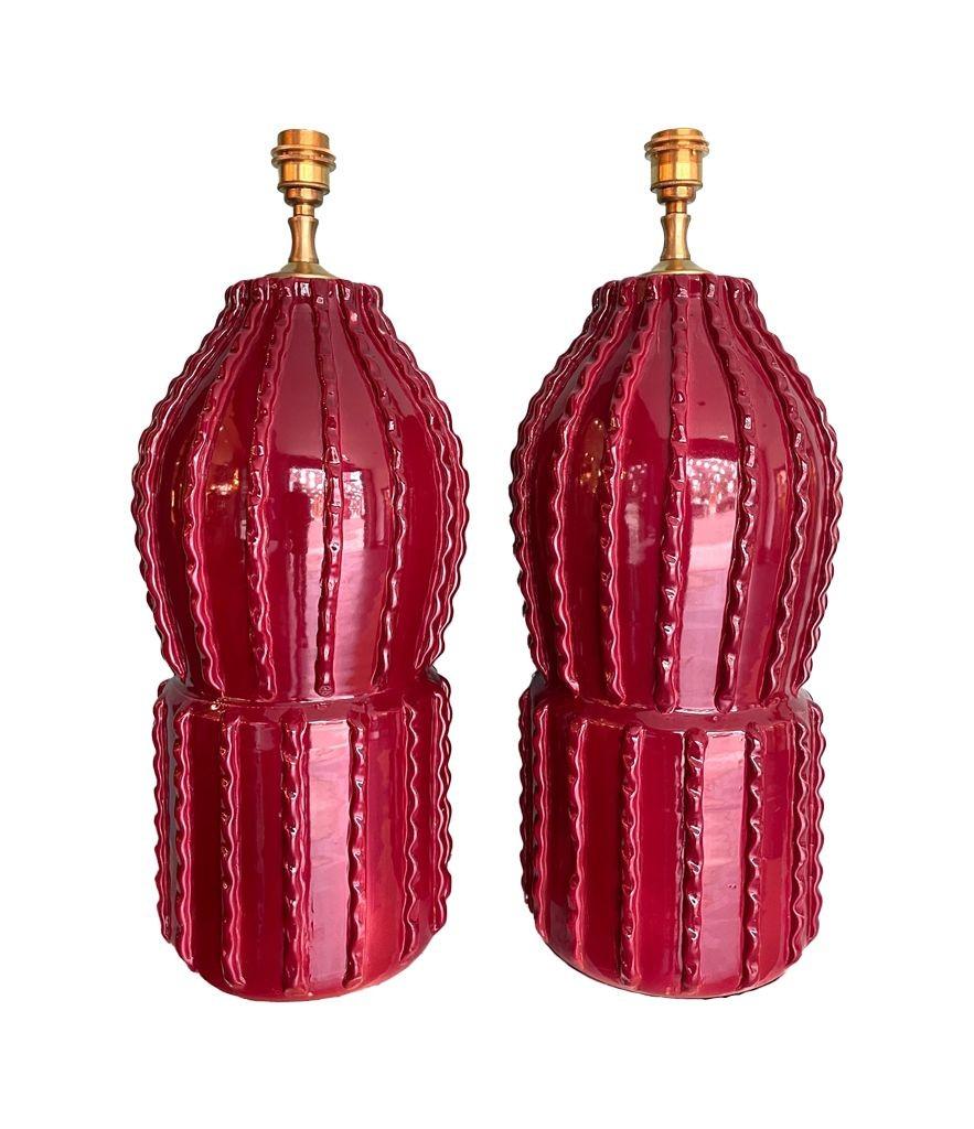 Late 20th Century Pair of 1980s Large Italian Ceramic and Brass Lamps in Deep Bordeaux Red
