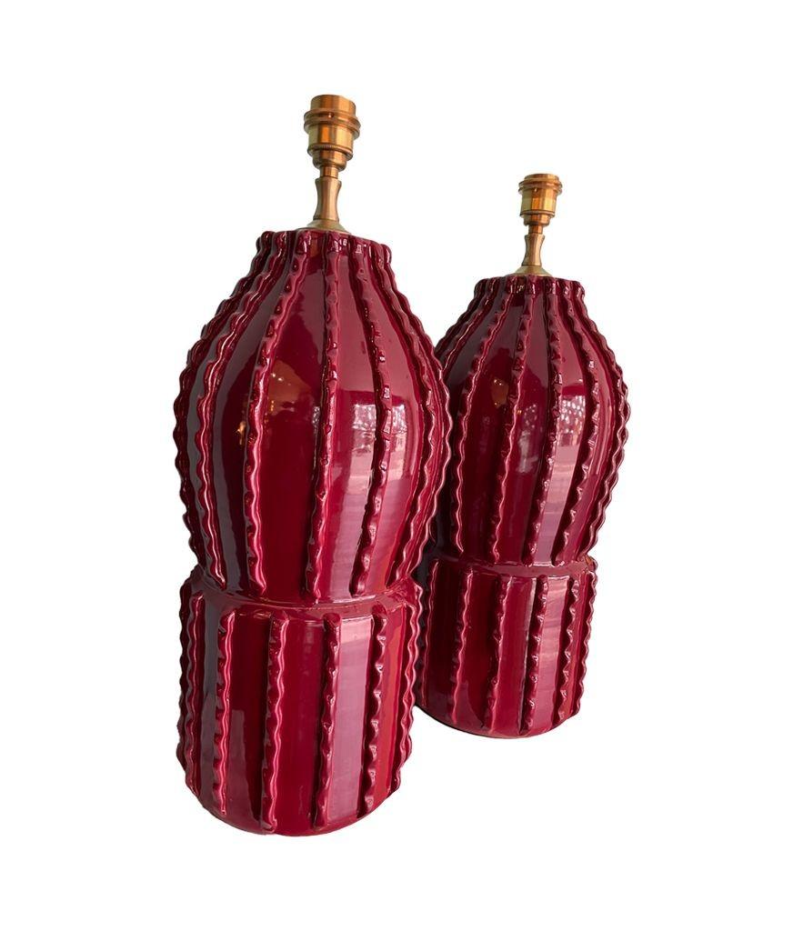 Pair of 1980s Large Italian Ceramic and Brass Lamps in Deep Bordeaux Red 1
