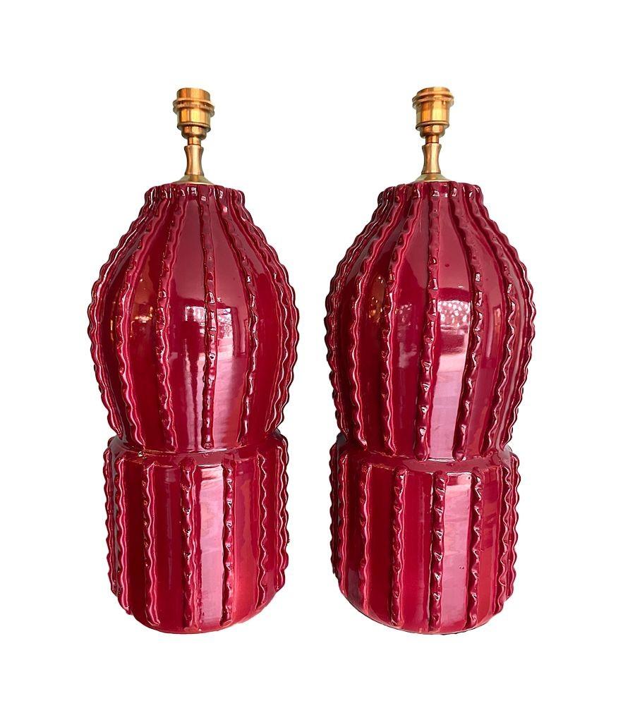 Pair of 1980s Large Italian Ceramic and Brass Lamps in Deep Bordeaux Red 2