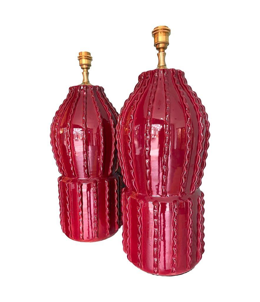 Pair of 1980s Large Italian Ceramic and Brass Lamps in Deep Bordeaux Red 3