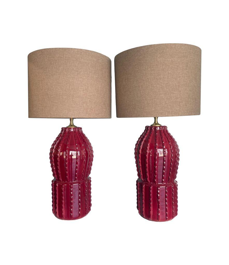 Pair of 1980s Large Italian Ceramic and Brass Lamps in Deep Bordeaux Red 5