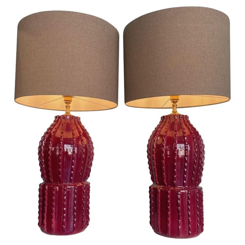Pair of 1980s Large Italian Ceramic and Brass Lamps in Deep Bordeaux Red