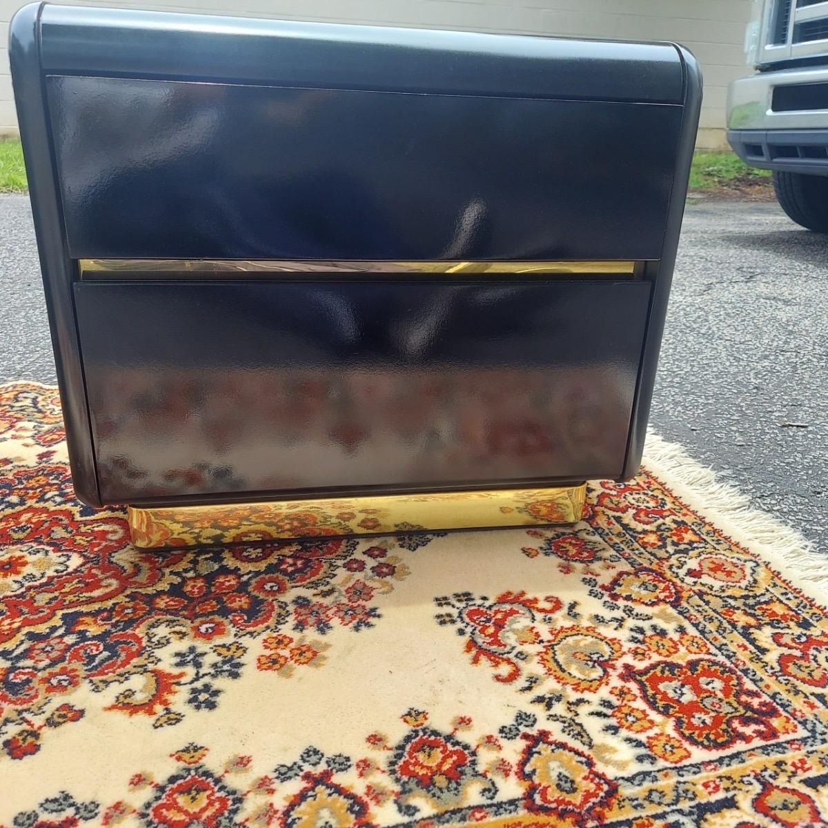 Post-Modern A pair of 1980s Postmodern Black Lacquer and Brass Nightstands by Lane