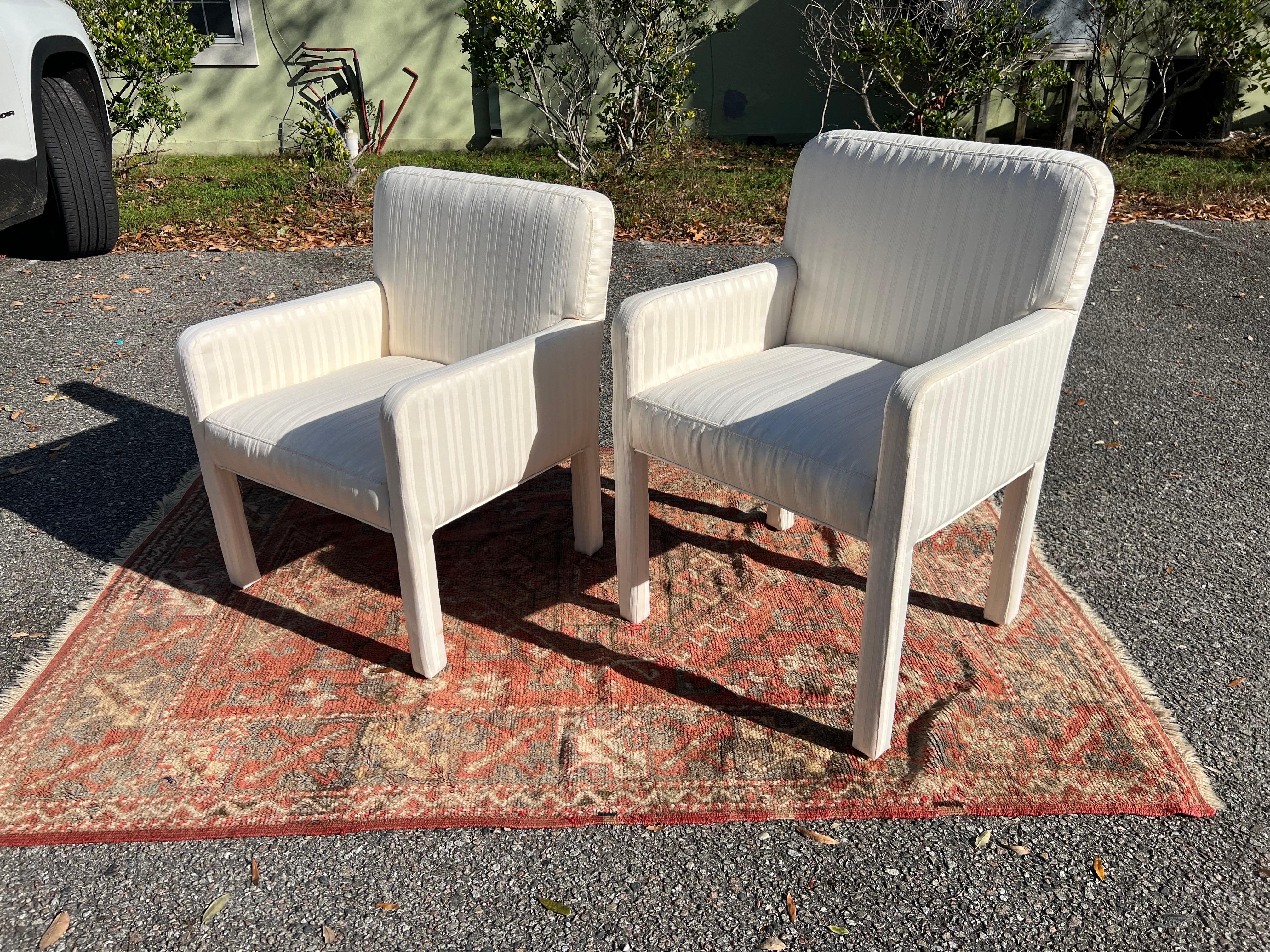 A pair of 1980s Postmodern His and Hers Low Back Parsons Chairs For Sale 3