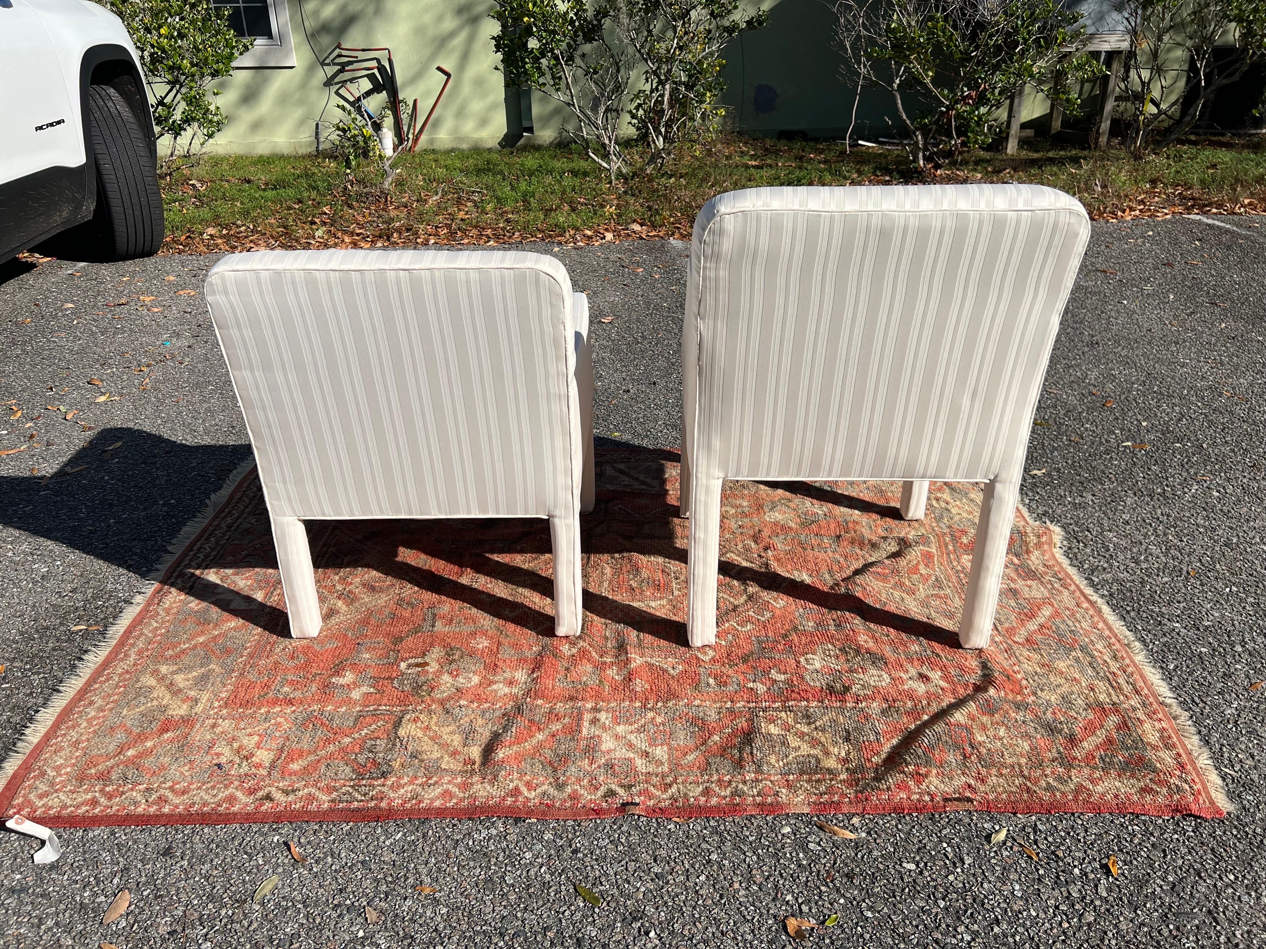 Upholstery A pair of 1980s Postmodern His and Hers Low Back Parsons Chairs For Sale
