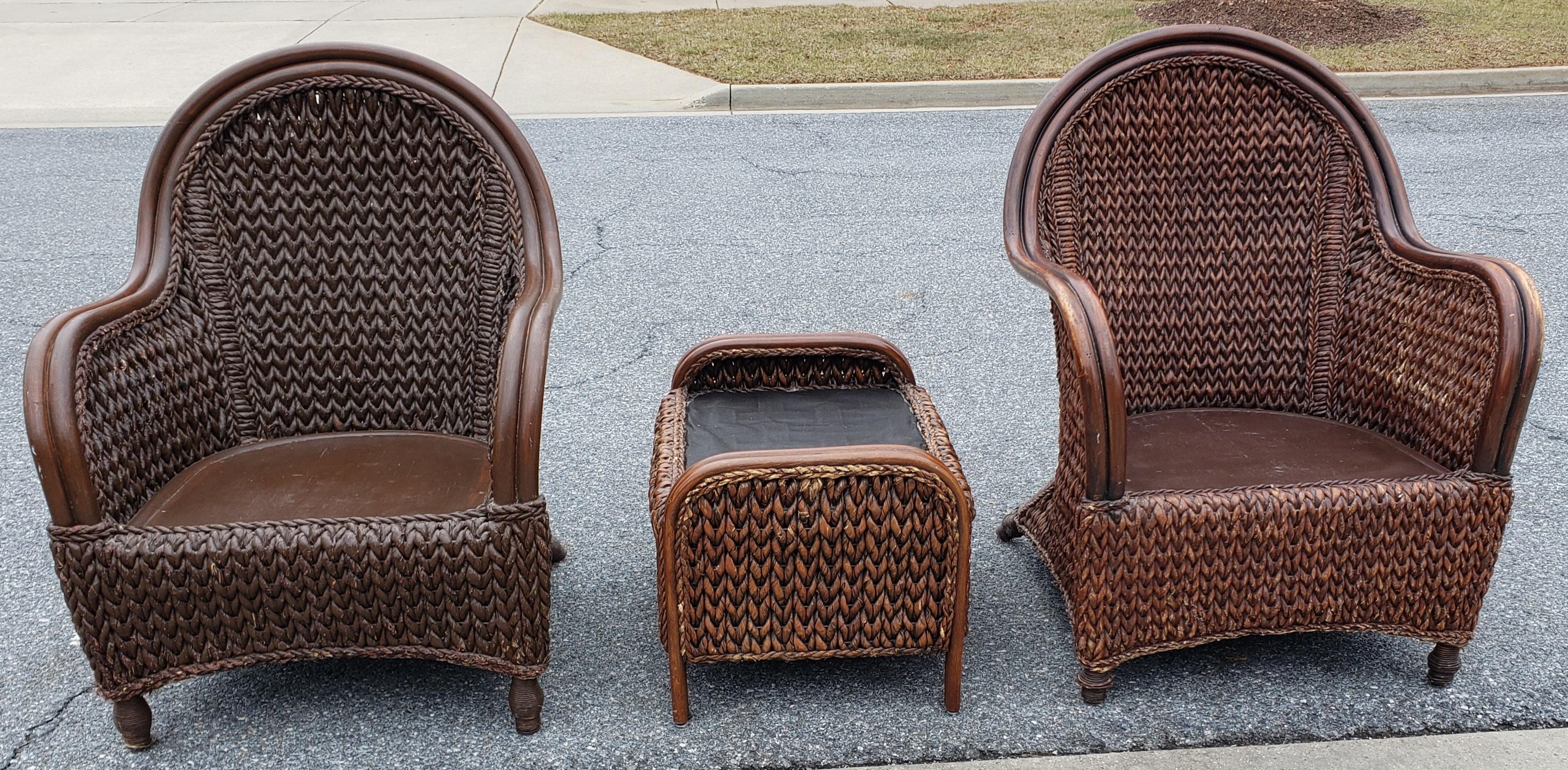 A Pair of 1980s Rattan and Rush Lounge Chairs with Ottoman Set  For Sale 5