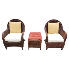 A Pair of 1980s Rattan and Rush Lounge Chairs with Ottoman Set