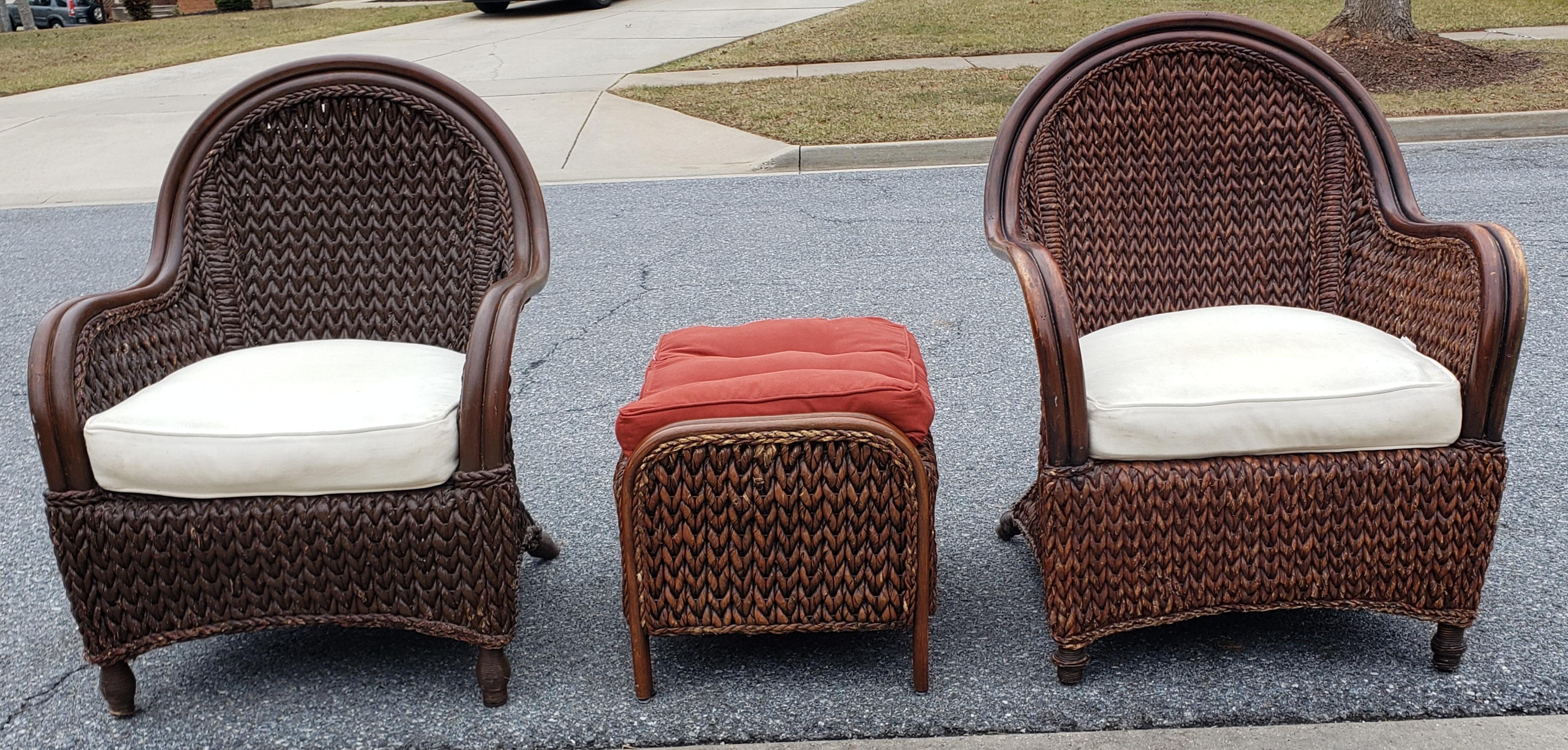 A Pair of 1980s Rattan and Rush Lounge Chairs with Ottoman Set  For Sale 2