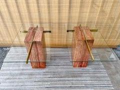 Pair of 1980s Red Travertine and Brass Post Modern Italian Side Tables